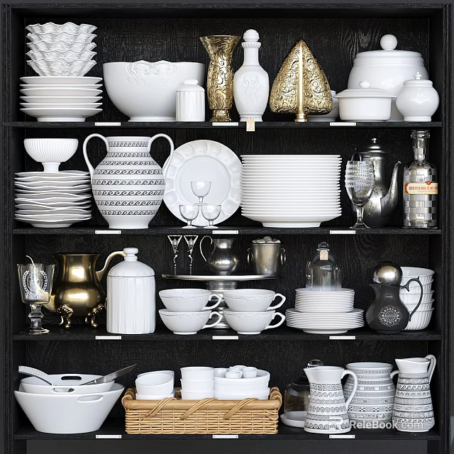 Elegant White Gold Tableware Collection with Plates Bowls Cups Vases Jugs on Black Shelf 3d model 