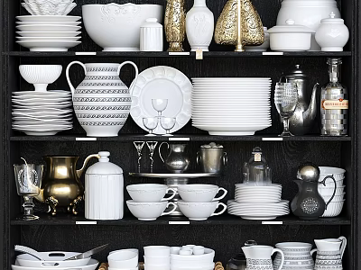 Elegant White Gold Tableware Collection with Plates Bowls Cups Vases Jugs on Black Shelf 3d model