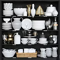 Elegant White Gold Tableware Collection with Plates Bowls Cups Vases Jugs on Black Shelf