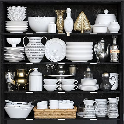 Elegant White Gold Tableware Collection with Plates Bowls Cups Vases Jugs on Black Shelf 3d model