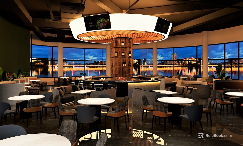 Restaurant Interior With Round Chandelier Bar Counter Tables And City View Through Windows 3d model 