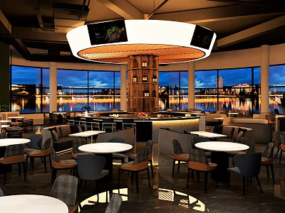 Restaurant Interior With Round Chandelier Bar Counter Tables And City View Through Windows 3d model