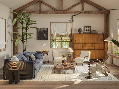 Cozy Rustic Living Room Interior With Blue Sofa White Armchairs Green Plants And Large Windows 3d model