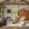 Cozy Rustic Living Room Interior With Blue Sofa White Armchairs Green Plants And Large Windows