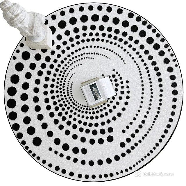 Modern Round Area Rug With Black White Polka Dot Spiral Pattern And Decorative Items 3d model 