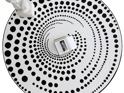 Modern Round Area Rug With Black White Polka Dot Spiral Pattern And Decorative Items 3d model