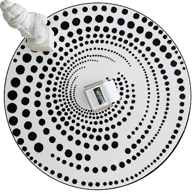 Modern Round Area Rug With Black White Polka Dot Spiral Pattern And Decorative Items 3d model