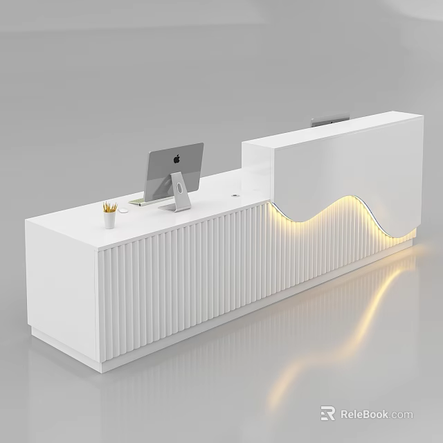 Modern White Reception Desk With Wavy LED Lighting Computer And Pen Holder 3d model 