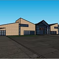Modern Museum Building With Brick Glass Facade Large Windows Open Plaza Blue Sky Green Trees