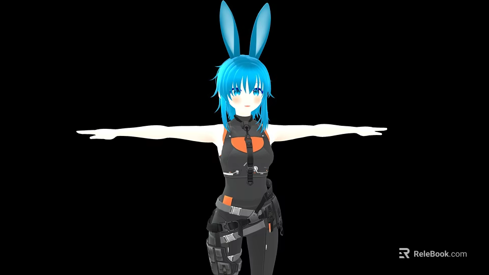 3D Animated Game Character With Blue Hair Rabbit Ears Black Orange Outfit And Arms Outstretched 3d model 