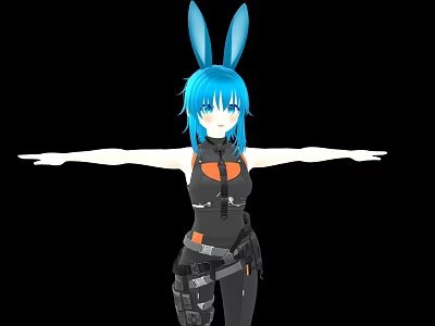 3D Animated Game Character With Blue Hair Rabbit Ears Black Orange Outfit And Arms Outstretched 3d model
