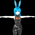 3D Animated Game Character With Blue Hair Rabbit Ears Black Orange Outfit And Arms Outstretched