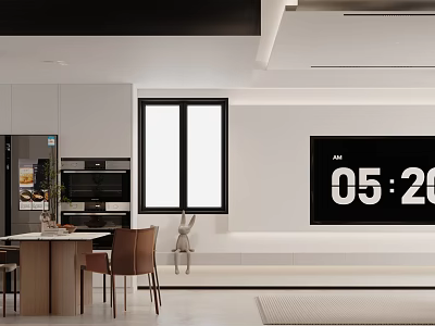 Modern Dining Living Room Interior With Wooden Table Comfortable Chairs And Large Window 3d model