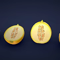 Fresh Yellow Melon Display Whole And Sliced Showing Inner Structure Against Dark Blue Background