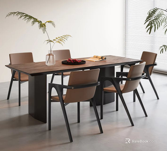 Modern Minimalist Dining Table Set With Wooden Top Black Legs And Light Brown Chairs 3d model 