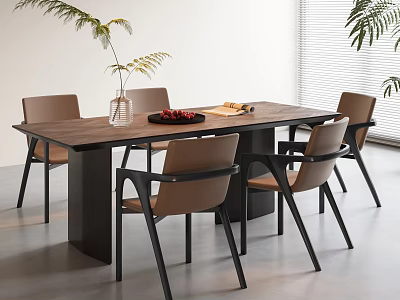 Modern Minimalist Dining Table Set With Wooden Top Black Legs And Light Brown Chairs 3d model