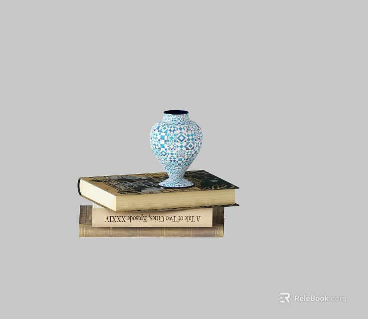 Blue and White Geometric Vase Ornamental Decor Combination with Stacked Books for Shelf 3d model 