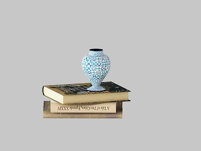 Blue and White Geometric Vase Ornamental Decor Combination with Stacked Books for Shelf 3d model
