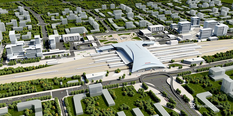 Bird's Eye View Urban Planning with Modern Transportation Hub Buildings Roads and Green Spaces 3d model 