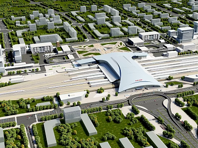 Bird's Eye View Urban Planning with Modern Transportation Hub Buildings Roads and Green Spaces 3d model