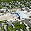 Bird's Eye View Urban Planning with Modern Transportation Hub Buildings Roads and Green Spaces