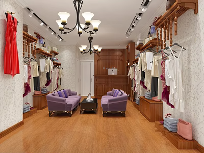 Stylish Clothing Store Interior With Clothing Racks Purple Sofas Chandeliers And Wooden Floors 3d model