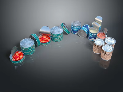 Assorted Canned Food Items With Open And Closed Containers 3d model