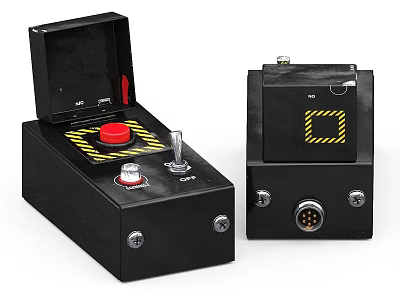 Black Enclosed Industrial Equipment With Red Button Knob Warning Label And Connector Port 3d model