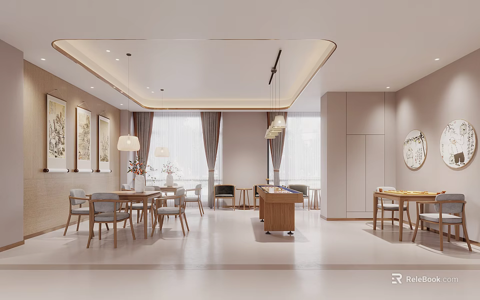 Modern Dining Leisure Space Interior With Soft Lighting Curtains And Artworks 3d model 