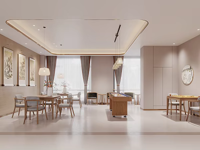 Modern Dining Leisure Space Interior With Soft Lighting Curtains And Artworks 3d model