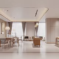 Modern Dining Leisure Space Interior With Soft Lighting Curtains And Artworks