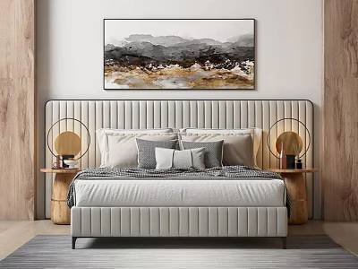 Elegant Double Bed With Upholstered Headboard Side Tables Lamps Pillows Above Wall Art Wooden Accent 3d model