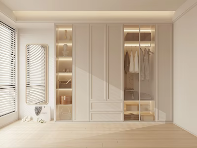 Modern Light Colored Wardrobe With Glass Doors Shelves Drawers And Hanging Storage Space 3d model