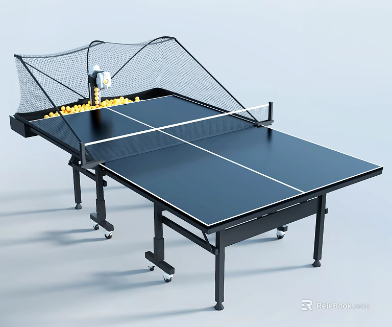 Black Table Tennis Table With Net Mobile Wheels And Ball Collector Design 3d model 
