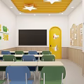 Bright Yellow Kindergarten Reception Area With Rainbow Decorations And Cartoon Elements 3d model