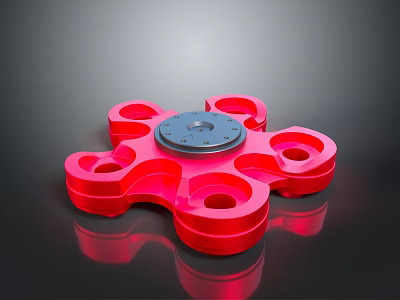 Red Multi Blade Weapon With Central Disc And Fidget Spinner Like Design 3d model