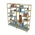 Gold Frame Bookshelf With Multiple Shelves Books Decorative Vase Sculpture And Storage Boxes