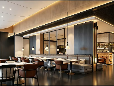 Contemporary Upscale Restaurant Interior With Cozy Booth Seating And Warm Soft Pendant Lights 3d model