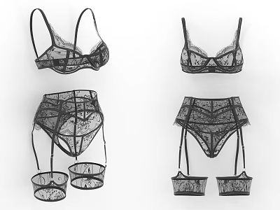 Black Lace Lingerie Set Featuring Bras And Garter Panties With Delicate Design Details 3d model