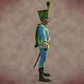 Military Character In Blue Uniform With Green Hat Feather White Stripes Green Cape And Long Staff