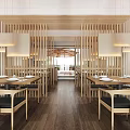 Modern Wooden Restaurant Interior With Dining Tables Chairs Display Shelves With Bottles And Hanging Lights