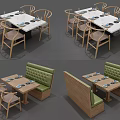 Dining Table Set With Wooden Chairs Upholstered Booth White Tabletop And Tableware 3d model