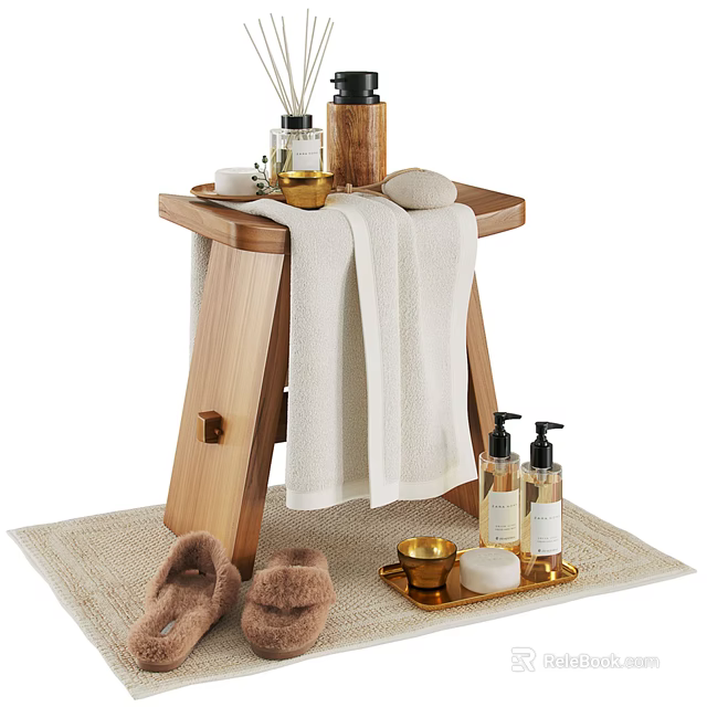 Bathroom Accessories Set With Wooden Stool Towels Slippers And Aromatherapy Bottles 3d model 