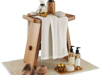 Bathroom Accessories Set With Wooden Stool Towels Slippers And Aromatherapy Bottles 3d model