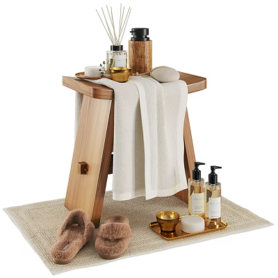 Bathroom Accessories Set With Wooden Stool Towels Slippers And Aromatherapy Bottles 3d model