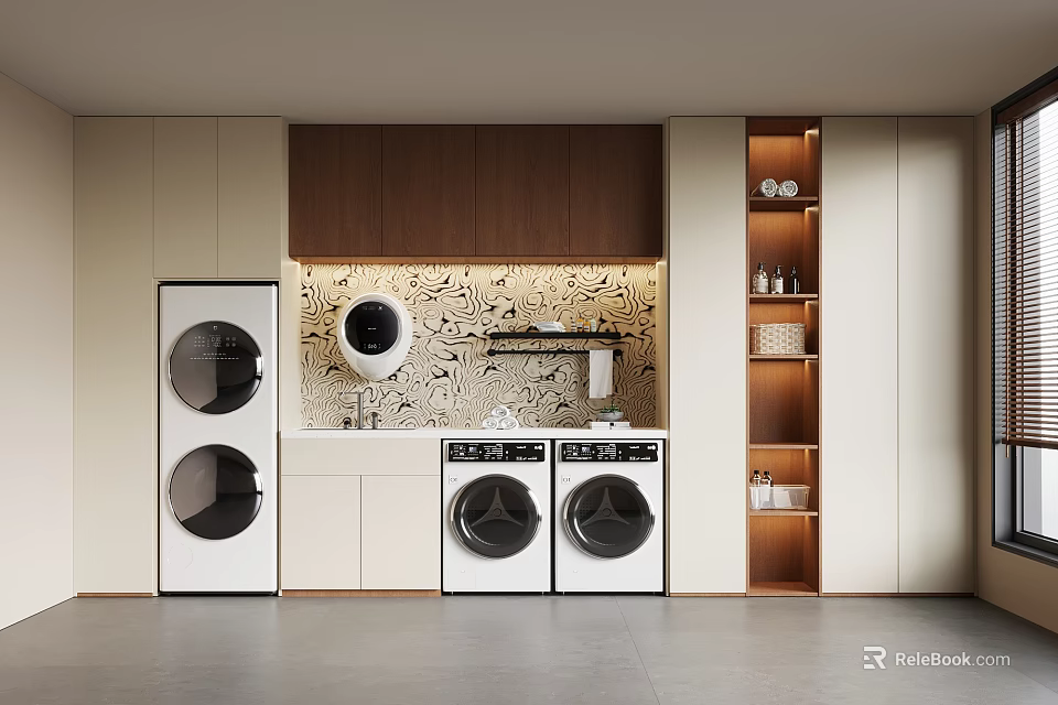 Modern Laundry Room With Double Stacked Side By Side Washing Machines And Built In Cabinets 3d model 