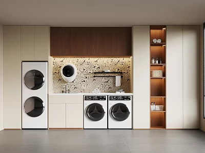 Modern Laundry Room With Double Stacked Side By Side Washing Machines And Built In Cabinets 3d model