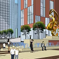 Modern Commercial Street with High Rise Buildings Pedestrian Walkways and Green Spaces