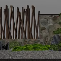 Natural Garden Ornament With Wooden Sticks Stone Wall Green Shrubs Large Rocks And Pebble Ground