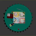 Round Table With Green Ruffled Tablecloth Orange Base And Board Game Setup
